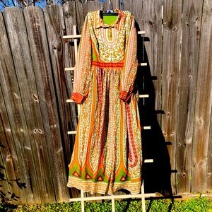 Mooerkerr Green/Orange Long Sleeve Maxi Dress Medium